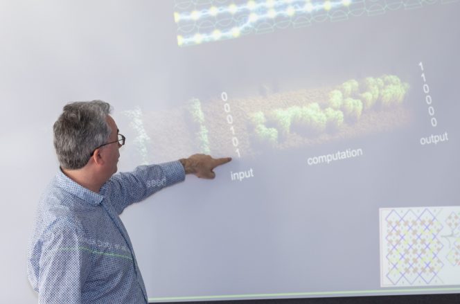 Man pointing at DNA research on a whiteboard