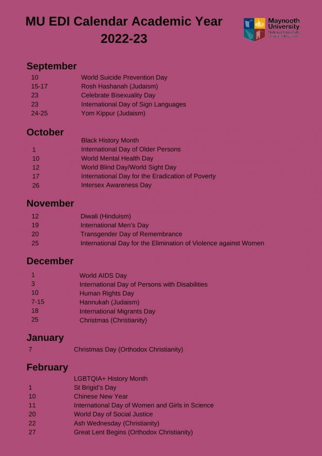 EDI Calendar of Dates between September and February, readable pdf below