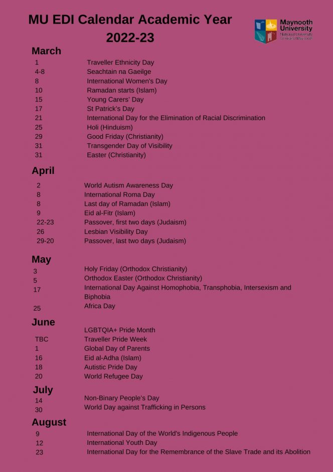 EDI Calendar of Dates between March and August, full readable pdf below