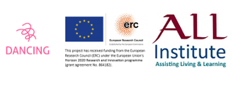 Three logos from left to right: DANCING logo in pink on white background. Two lines intertwine with one bending down from the upper-left corner to the lower-left corner and the other wrapped around it in twirls; Logo of the European Research Council with the flag of the European Union and the details of the grant agreement on white background; Logo of the Assisting Living and Learning Institute at Maynooth University on white background. 