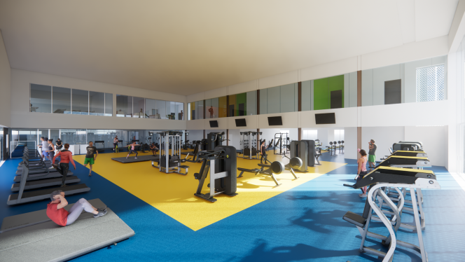 architectural plans of new MU Sports Science Building- new proposed gym, blue and yellow flooring with gym equipment - treadmills, weight machines, yoga mats