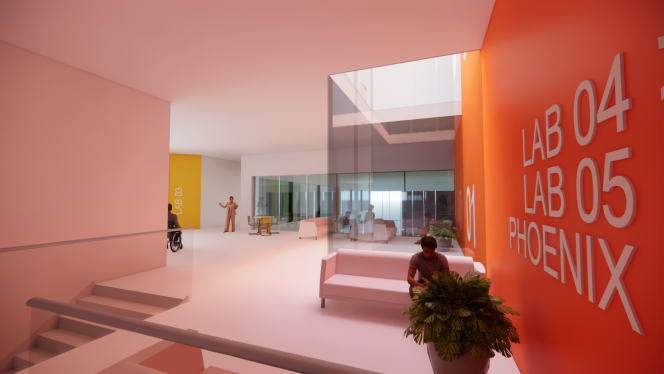 architectural plans of new MU Sports Science Building - corridor with orange walls with Lab 04, Lab 05, Phoenix text on wall 