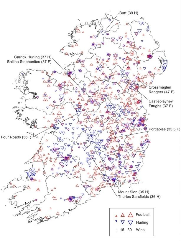Map of Ireland showing GAA clubs