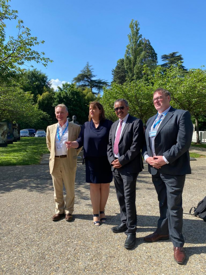 (L-R) Mac MacLachlan (Maynooth University/HSE), Minister Anne Rabbitte (Minister of State at the Department of Children, Equality, Disability, Integration and Youth and at the Department of Health), Tedros Ghebreyesus (Director General WHO) and Cathal Morgan (WHO Europe, Copenhagen),  