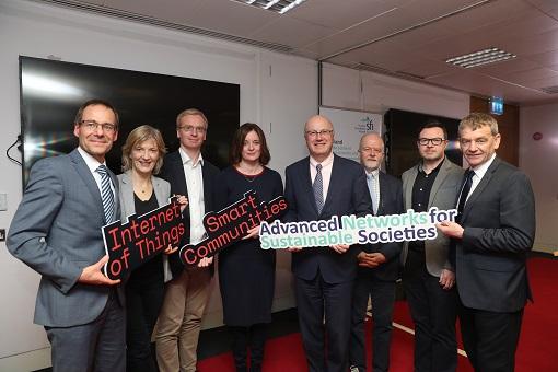 Pictured left to right: Prof. Dirk Pesch (UCC), Prof. Siobhan Clarke (TCD), Adrian Normanton (ublox), Dr Deirdre Desmond (MU), Prof Mark Fergusson (SFI), Prof. John Barrett (CIT), Keith Ellis (Intel Labs Europe), Prof. Max Ammann (TU Dublin)