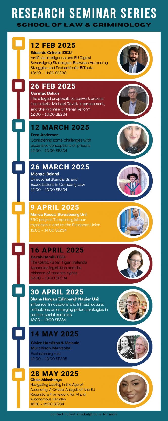 School of Law and Criminology Research Seminar Series AY24/25 Semester 2 listing speakers and presenters with pictures of each speaker. 