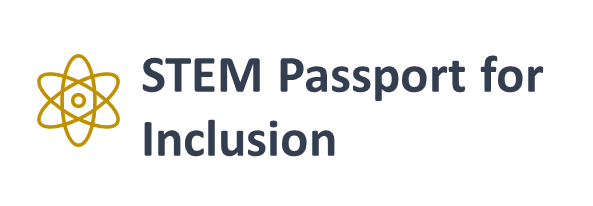 Text reads STEM Passport for Inclusion. Generic atomic symbol in orange right hand side of text