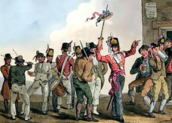 'British army recruiting party entices civilians to enlist', by R. and D. Havell after George Walker, published in 1814. Image courtesy of Wikimedia.