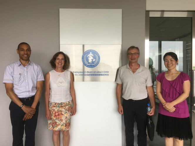 group photo of Dr Megumi Rosenberg; WHO, Prof MAc MacLachlan, ALL, MU; Prof Eilish McAuliffe, Health Systems Group, UCD; and Loic Garçon, WHO