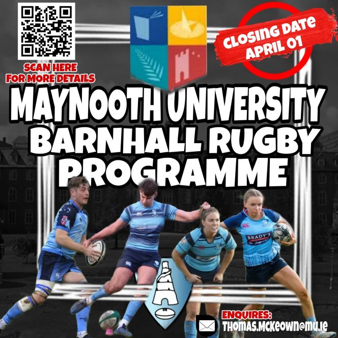 Text reads MU Barnhall Rugby Programme and images of players