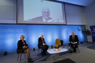 former Taoisigh Bertie Ahern and John Bruton speaking at EU at 50 conference