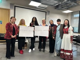 Social Justice week 2025, Burning Under the Burqa event image 3_ panel:  Latifa Jawadi, Mahbooba Faiza, Haya Sediqi, Eilish Dillon, Marwa Zamir, Basira Paigham and Tran Thi Nhan Duyen