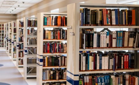 Row of shelves in a library filled with books