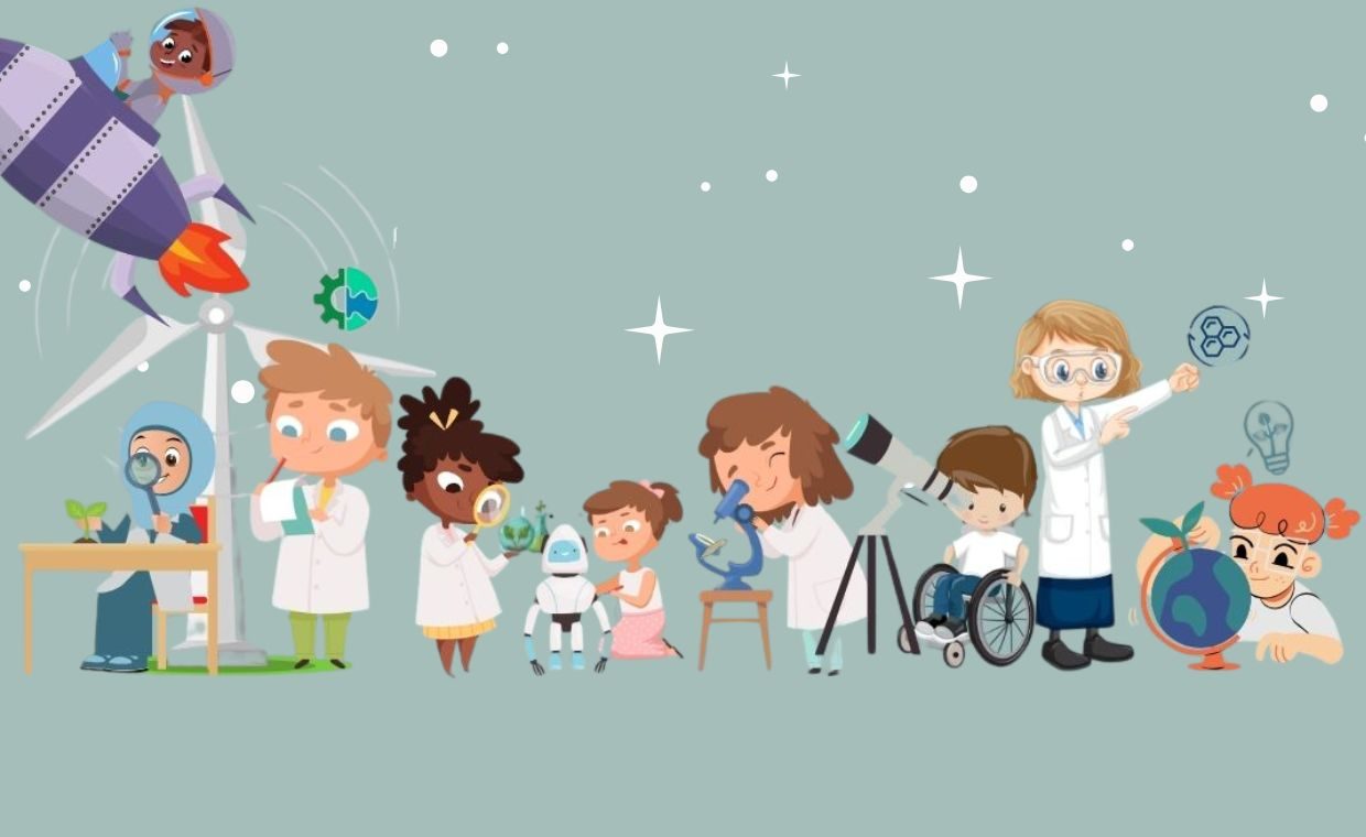 science week banner with illustrations of children exploring science