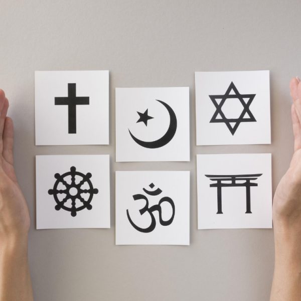 Image of cross, crescent, star of david and three other symbols of world religions