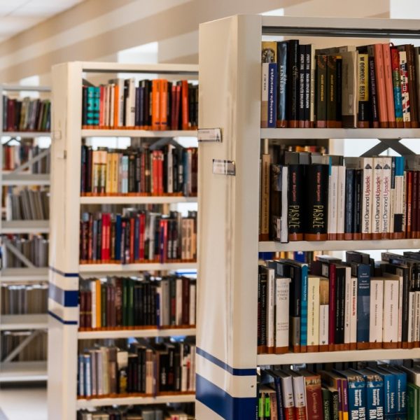 Row of shelves in a library filled with books