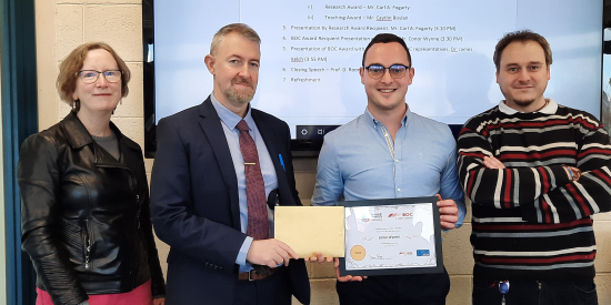 BOC AwardeeConor Wynne pictured with Prof. Frances Heaney (Asst.Head of Chemistry) Mr. James Kelch (BOC) and Dr. Diego Montagner (Postgraduate Coordinator)