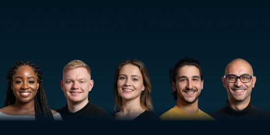 Portrait shots of 5 students against a dark blue background