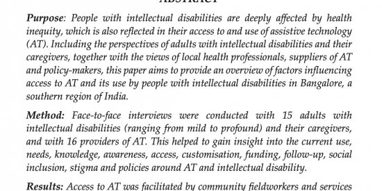 Publication of Disability, CBR and Inclusive Development entitled: Views and Experiences of People with Intellectual Disabilities to Improve Access to Assistive Technology: Perspectives from India