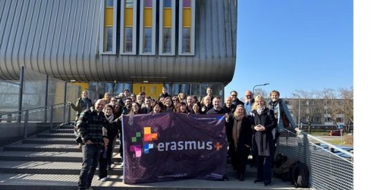 LEAP Week participants outside of a Dutch School ahead of a Lesson Study visit. PME students Claire Egan and Michael Sherlock and Department staff Dr Diarmaid Hyland, Dr Anthony Malone, and Dr Tom Delahunty (19th, 28th, 14th, 23rd, and 26th from left respectively)