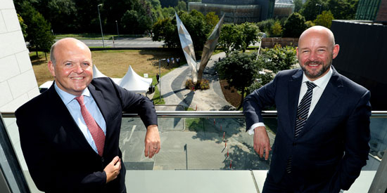 Pic shows ( left to right ) Colin Hunt, Chief Executive Officer of AIB and Prof Philip Nolan, President of Maynooth University. on the balcony of the Education Building with the Freedom Sculpture in the Background