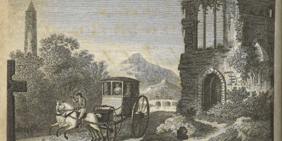 Two-wheel carriage pulled by two white horses, with a woman sitting inside, driven by a coachman between a ruined castle and a round tower