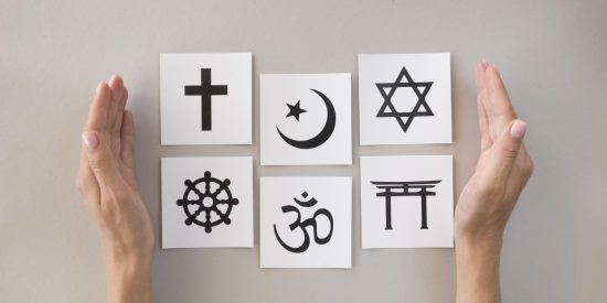 Image of cross, crescent, star of david and three other symbols of world religions