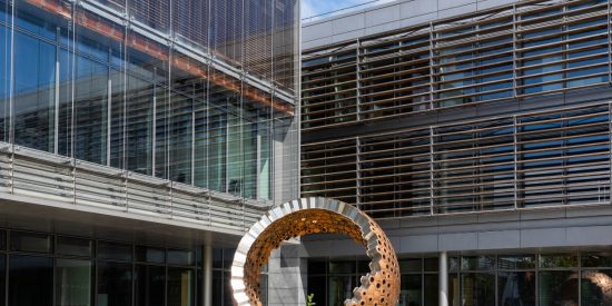 Bronze waggle dance sculpture set in front of two modern perpendicular buildings with wooden window shutters 