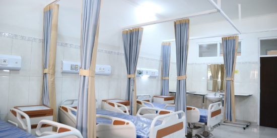 Hospital Ward with 3 beds, blue, beige, white