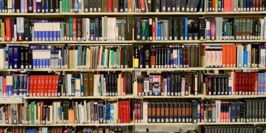 Library bookcases with various books 