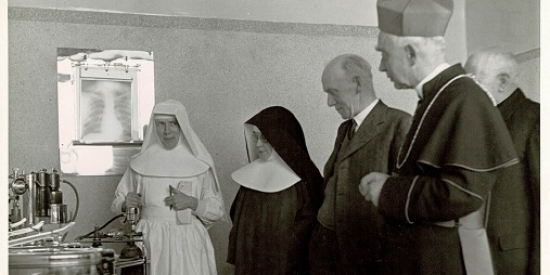 Portiuncula Hospital opening 1945 - Mothers Frances and Margaret with Bishop Dignan touring the hospital