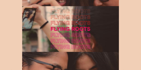 Pink Background. Three still images from the film showing teenagers as they document their lives for the film with the words Flying Roots horizontally repeated in the foreground.