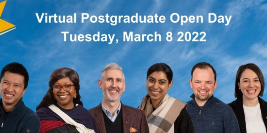 Text reads "Register now for the Virtual Postgraduate Open Day.  Tuesday, March 8 2022"