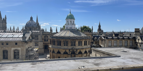 View of the Sheldonian theatre, Oxford, from the rooftop of the Weston Library, Oxford.