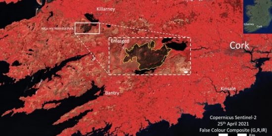 Spaceborne European Copernicus Sentinel-2 Satellite Image False Colour Composite (Red = healthy vegetation, Black/Dark Brown = Water of Fire Damage)