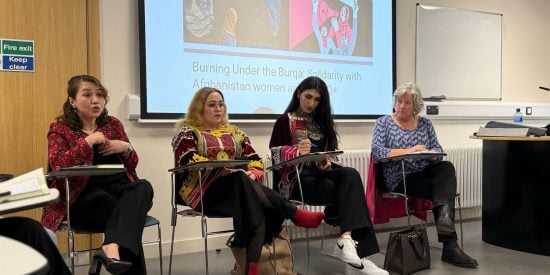 Social Justice week 2025, Burning Under the Burqa event image 5_ panel:  Latifa Jawadi, Mahbooba Faiza, Haya Sediqi and Eilish Dillon