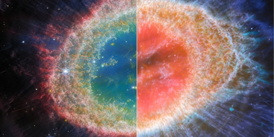 This visual shows two images side by side of the Ring Nebula. The image on the left shows Webb’s NIRCam view and the image on the right shows Webb’s MIRI image. The left image shows the planetary nebula as a distorted donut with a rainbow of colours with a blue/green inner cavity and clear filamental structure in the inner region of the ring. The right image shows the nebula with a red/orange central cavity with a ring structure that transitions from colours of yellow to purple/blue