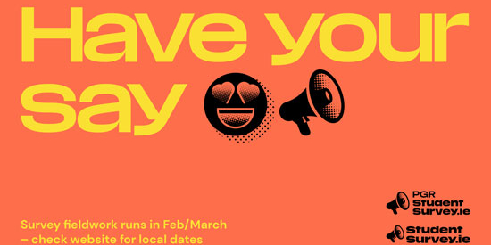In yellow text on an orange background 'Have your say', a heart eyes emoji and megaphone emoji are in black.  StudentSurvey.ie
