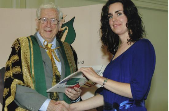 Julie Finnerty with late Dr Garret FitzGerald (at the presentation of the NUI Travelling Studentship award in 2008).