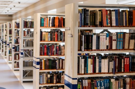 Row of shelves in a library filled with books