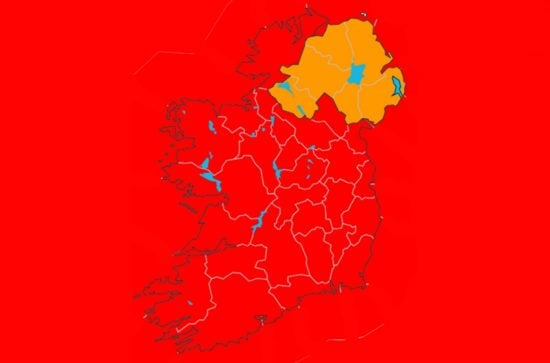 Map of Ireland highlighting affected counties by red and orange weather warning. 