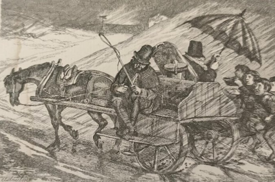 black and white image of a jaunting car in the rains from 1835